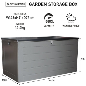 Olsen & Smith 680L/830L MASSIVE Capacity Outdoor Garden Storage Box Plastic Shed - Weatherproof & Sit On with Wood Effect Chest - Packed Direct UK